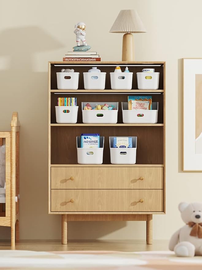 White Plastic Bins/Storage Organizers - Pantry Baskets, Bins for Shelves, Organizer and Storage for Bathroom, Bedrooms, Kitchens and More - Medium Size (Case - 24 Pack)