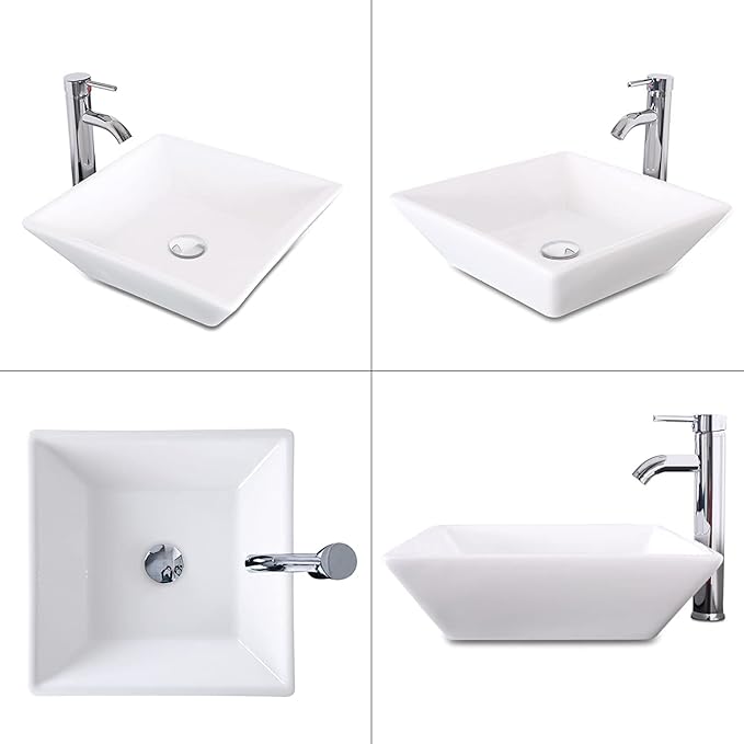 eclife 24" Bathroom Vanity Sink Combo Cabinet Modern Stand Pedestal Square White Ceramic Vessel Sink W/Chrome Bathroom Solid Brass Faucet & Pop Up Drain (A07 B16BR)