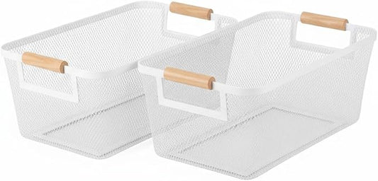 2-Pack Metal Mesh Basket, Large Wire Storage Organizer with Wood Handle for Kitchen Pantry, Bathroom, Cabinet, Closet, Picnic & Home Organization, Large, White