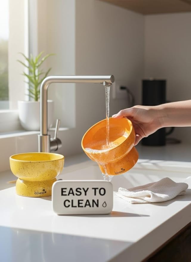 Ceramic Cat Bowls - Elevated cat Bowl, Anti-Vomiting, Whisker Friendly Raised Cat Bowl, Easy to Clean, Non-Slip, Suitable for Small Dogs - Pack of 2 (White-Beige, Orange-Yellow) (Yellow-Orange)