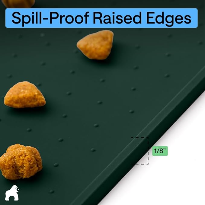 GORILLA GRIP 100% Waterproof Raised Edge BPA Free Silicone Pet Feeding Mat, Dog Cat Food Mats Contain Spills Protects Floors, Placemats for Cats and Dogs Water Bowl, Pets Accessories 32x24 Green