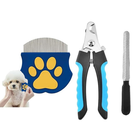3 in 1 Pet Grooming Kit - Deshedding Comb, Nail Clippers and File for Dogs & Cats, Safe Pet Grooming Set for Shedding Control and Nail Trimming
