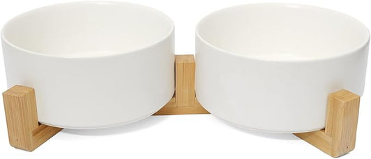 Dog Food Bowl, 13.5 oz Ceramic Modern Design, Dog Water and Food Bowl with Wood Stand, for Puppy & Cat, Non-Slip Feeding Station with Weighted Base, White