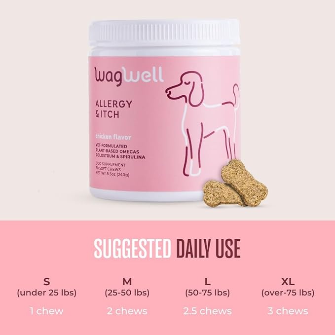 WagWell Allergy & Itch Chews – Vet-Formulated, All Natural, Made in The USA – Plant-Based Dog Allergy Chews with Colostrum and Spirulina – Supports Dog Allergy Relief and Digestive Health, 60 Chews