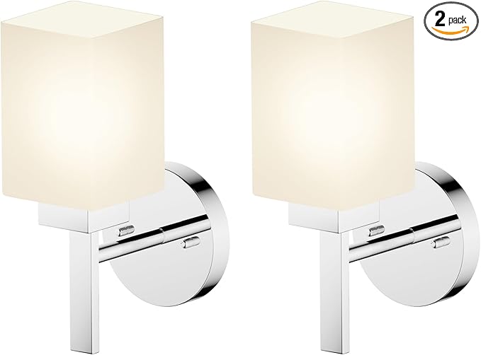 Vanity Lighting Fixtures Polished Chrome Bathroom Lights with White Frosted Glass Shade, Wall Sconces for Mirror Hallway Entrance, 2 Pack T002CH-L1-P2