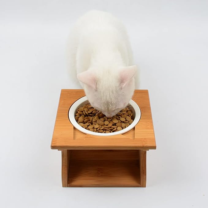 Cat Bowls Pet Dining Table with Raised Slope Wooden Stand Elevated Pet Bowls with Oblique Stand for More Comfortable Eating for Cats, Dogs, Kitten and Puppy (Single Bowl, Ceramics)