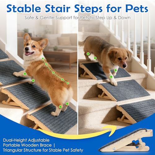 Adjustable Dog Ramp for Stairs, 2-Height Foldable Wooden - Image 3