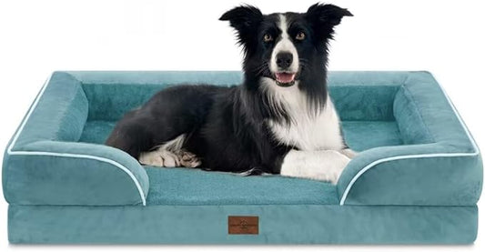 Comfort Expression Orthopedic Dog Bed for Large Dogs 36x27 Inch, Waterproof Supportive Egg Crate Foam Large Pet Bed with Removable Bolster, Dog Couch with Washable Cover & Non-Slip Bottom, Washed Blue