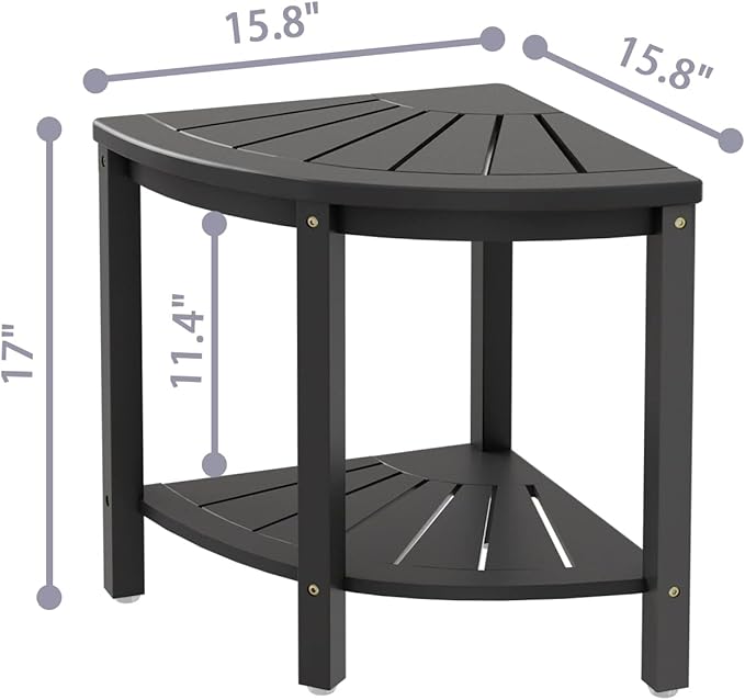 Bamboo Corner Shower Bench Waterproof Stool with Space-Efficient Storage Shelf - Shower Stool Seat for Indoor or Outdoor Use(Black)