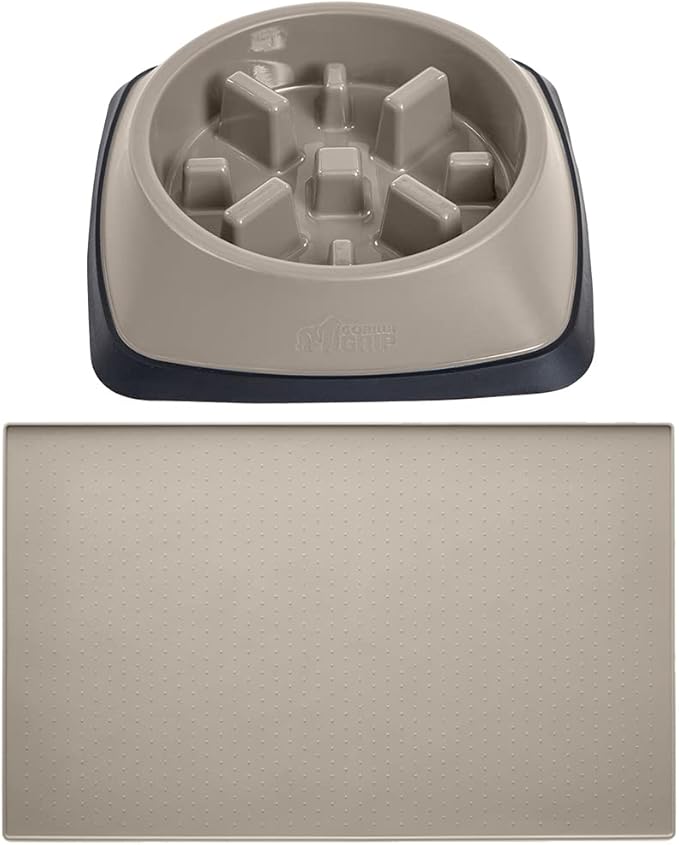 Gorilla Grip Slow Feeder Dog Bowl and Pet Feeding Mat, 4 Cups Dogs Pet Bowls Slip Resistant, Dog Food Mats Size 18.5x11.5 Waterproof Placemats, Both in Beige Color, 2 Item Bundle