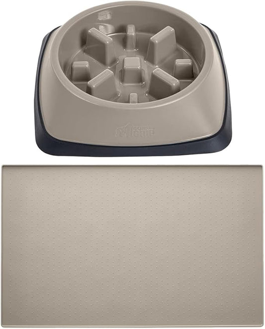 Gorilla Grip Slow Feeder Dog Bowl and Pet Feeding Mat, 4 Cups Dogs Pet Bowls Slip Resistant, Dog Food Mats Size 18.5x11.5 Waterproof Placemats, Both in Beige Color, 2 Item Bundle