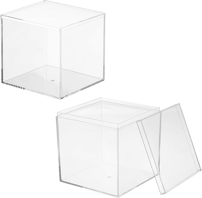 Acrylic Box with Lid, 3.94 x 3.94 x 3.94 in Acrylic Display Case Plastic Square Cube Container Storage Holder Stackable Bins for Cosmetic Collectible Candy Jewelry(2 Pack, Clear)