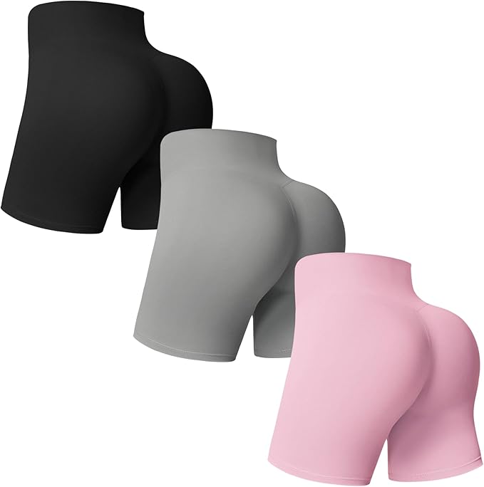 MOREFEEL 3 Pack Workout Gym Shorts Women-5" Seamless Butt Lifting Tummy Control Plus Size Seamless Booty Biker Shorts