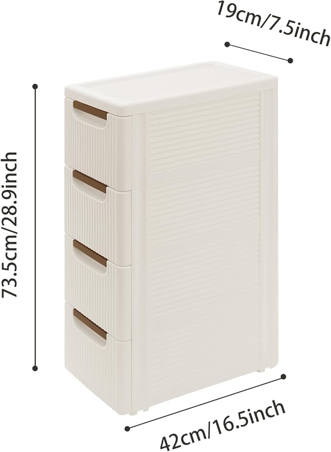 Narrow Plastic Storage Cart with 4 Drawers, Slim Rolling Organizer Dresser on Wheels, Mobile Utility Cart for Bathroom, Kitchen, Laundry Room, Bedroom & Office (4-Tier)