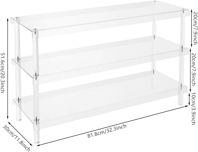 3-Tier Clear Acrylic Shoe Rack, Transparent Organizer for Entryway and Closet, 32.3x11.8x20.3 Inches, Holds 12-16 Pairs, Modern Rectangular Design