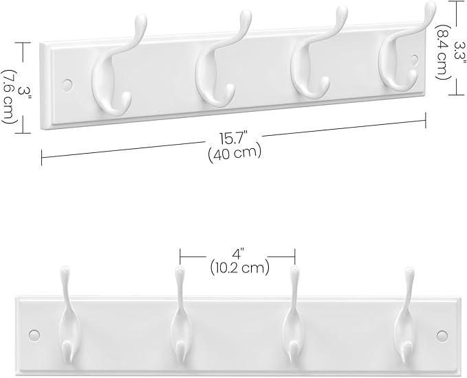 SONGMICS Set of 2 Wall-Mounted Coat Rack, Hook Rack, 8 Dual Metal Hooks, for Coats, Bags, Keys, in The Entryway, Bedroom, Living Room, White ULHR232W01