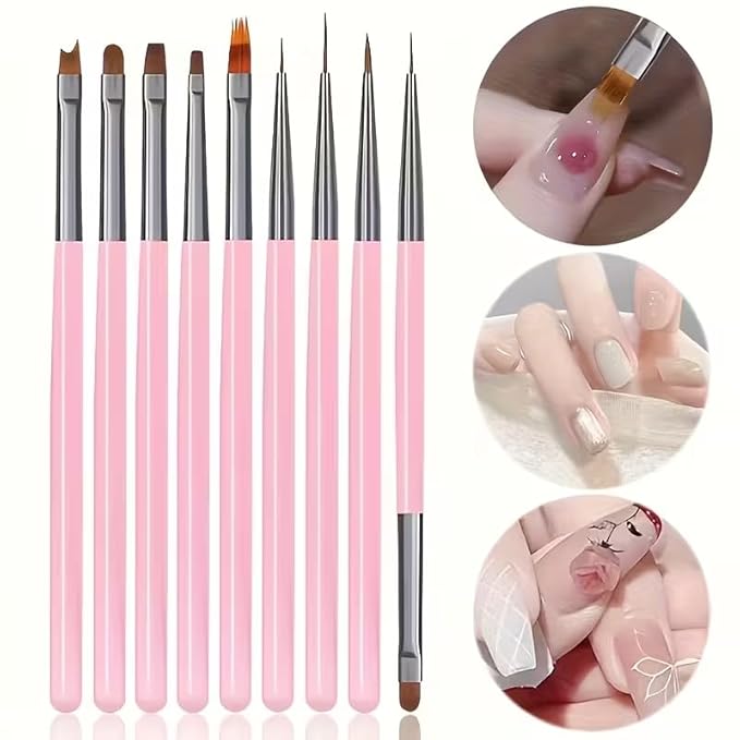 9Pcs Multi-Functional Nail Art Brush Set, Professional Brushes for Gel Polish, French Tip, Ombre, Liner & Clean Up, Manicure Tools for DIY & Salon Nail Design Tools-Pink