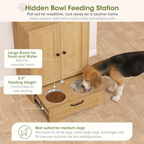 Dog Cabinet, Dog Feeding Station with Hidden Pull-Out Feeder, Oak - Image 4
