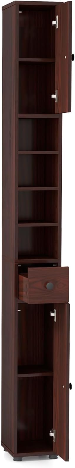 LDAILY 71”Tall Narrow Storage Cabinet, Skinny Bathroom Storage with 1 Drawer, 2 Doors, 5 Adjustable Shelves and Anti-Tipping Device, Wooden Slim Bathroom Cabinet for Office, Kitchen, Small Space