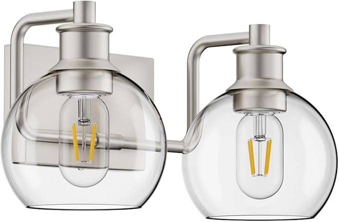 Tipace 2 Lights Modern Bathroom Vanity Light Fixtures Over Mirror Brushed Nickel Industrial Vanity Lights with Globe Clear Glass Farmhouse Wall Sconces Fixture(Exclude Bulb)