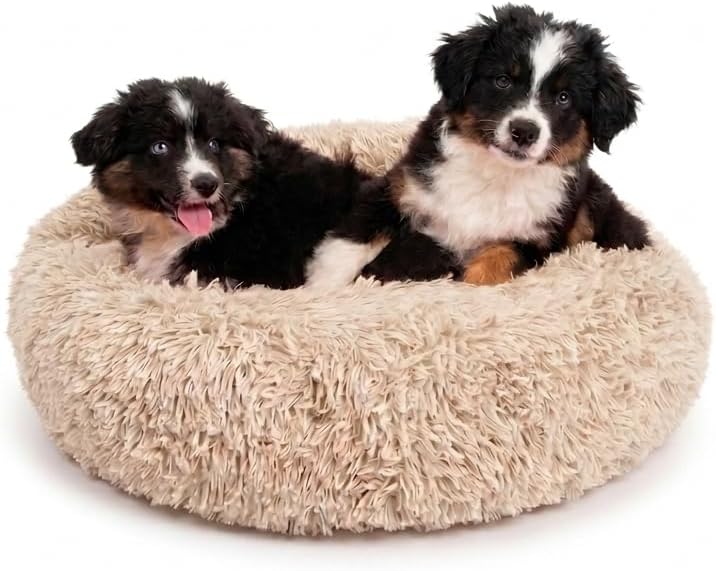 Active Pets Premium Medium Donut Dog Bed, Fits Up to 45 lbs, Removable Cover & Washable Cushion, Plush Long Pile Faux Fur Fabric, Portable Beige Pet Bed Furniture for Puppies Adult Canines & Cats