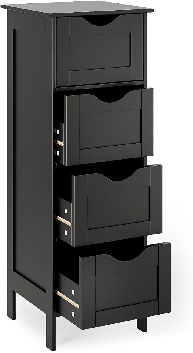 Bonnlo Slim Bathroom Floor Cabinet, 4-Drawer Wooden Freestanding Storage Unit, Small Side Organizer for Narrow Spaces, Compact Bathroom Storage Cabinet for Kitchen, Hallway & Office, Matte Black