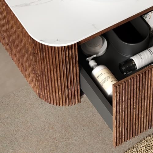 KEIKI 36" Bathroom Vanity Cabinet with Sink Combo, Wall Mounted Curved Edges Striped Floating Bathroom Vanity with Soft-Close Drawer, White Round Ceramic Basin Without Faucet, Dark Walnut