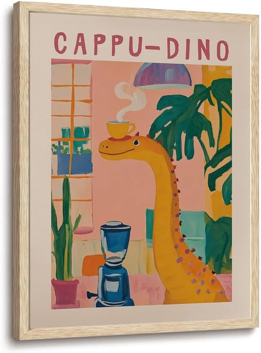 XJYISUO Framed Wall Art Trendy Coffee Wall Decor Whimsical Cappu-Dino Canvas Art Retro Dinosaur Coffee Pictures Funny Dopamine Paintings Funky Artwork For Kitchen Coffee Bar Living Room
