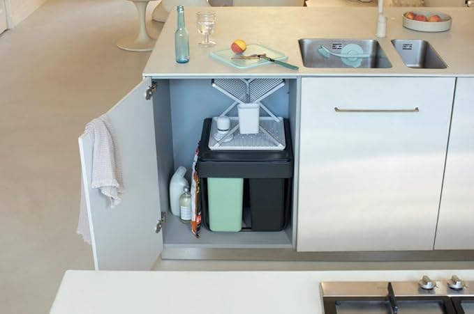 Brabantia Sort & Go Pull Out Trash Can | 4 + 4 + 5.3 Gal Built-in Under Kitchen Sink Cabinet Garbage Can | Integrated Triple Sliding Recycling Unit, Smooth Rails, Removable Buckets | Gray & Green