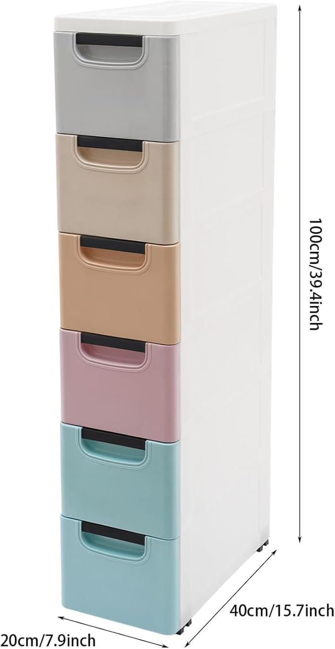 6 Drawers Narrow Slim Plastic Storage Cabinet,Storage Drawer with Wheels,6 Tier Drawers Dresser,Rolling Narrow Cabinet for Small Spaces Bathroom Kitchen Bedroom Living Room,Multicolor