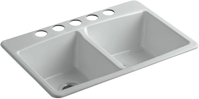KOHLER 5846-5U-95 Brookfield Under-Mount Double-Equal Bowl Kitchen Sink with 5 Oversized Faucet Holes, Ice Grey