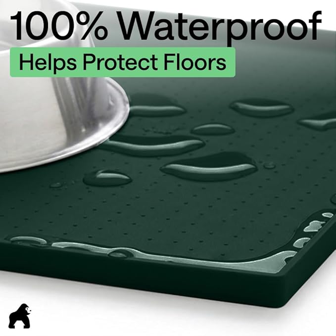 GORILLA GRIP 100% Waterproof Raised Edge BPA Free Silicone Pet Feeding Mat, Dog Cat Food Mats Contain Spills Protects Floors, Placemats for Cats and Dogs Water Bowl, Pets Accessories 32x24 Green