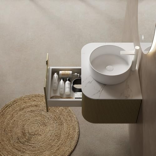 KEIKI 24" Bathroom Vanity Cabinet with Sink Combo, Wall Mounted Curved Edges Striped Floating Bathroom Vanity with Soft-Close Drawer, White Round Ceramic Basin Without Faucet, Light Green