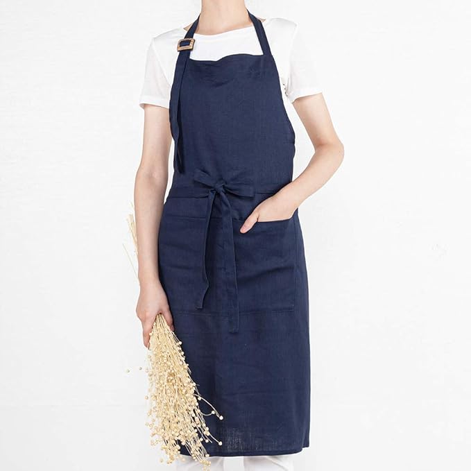 ATLINIA 100% Linen Apron with Buttons Adjustable Bib Apron with Pockets Linen Half Apron Bistro Apron