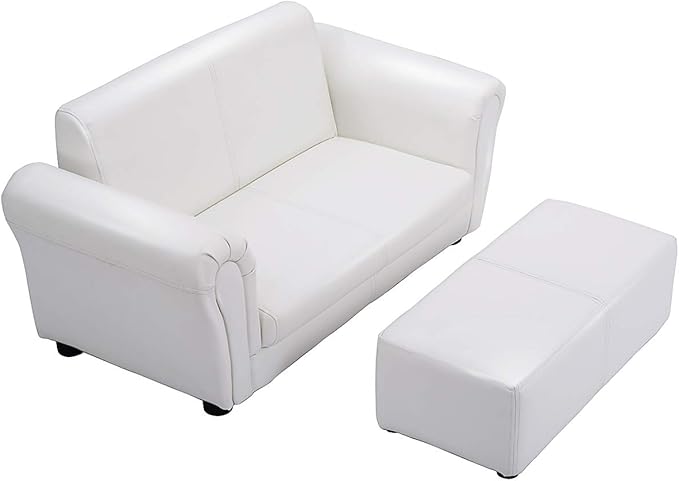 Costzon Kids Couch with Footstool, 2 in 1 Double Seat Children's Sofa w/PU Leather Surface, Armrest Chair Lounge, Soft Sofa for Preschool Bedroom Kids Room Toddlers Boys Girls Birthday (White)