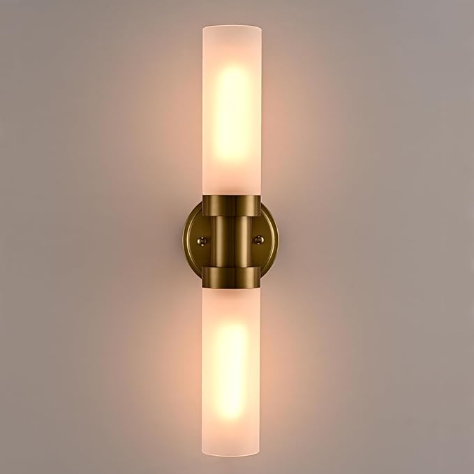 20-Inch Gold Bathroom Light Fixtures Wall Sconce with Frosted Glass Shade Modern 2-Light Cylinder Vanity Lights Brass Glass Sconces Wall Lighting for Living Room Bedroom