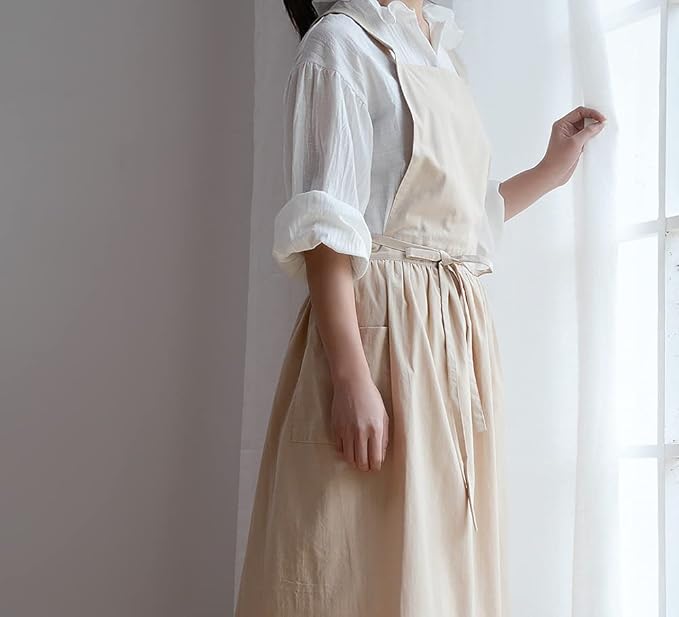 VLZUFE Women Cotton Linen Cross Back Apron with Pockets for Gardening Works Pinafore Dress