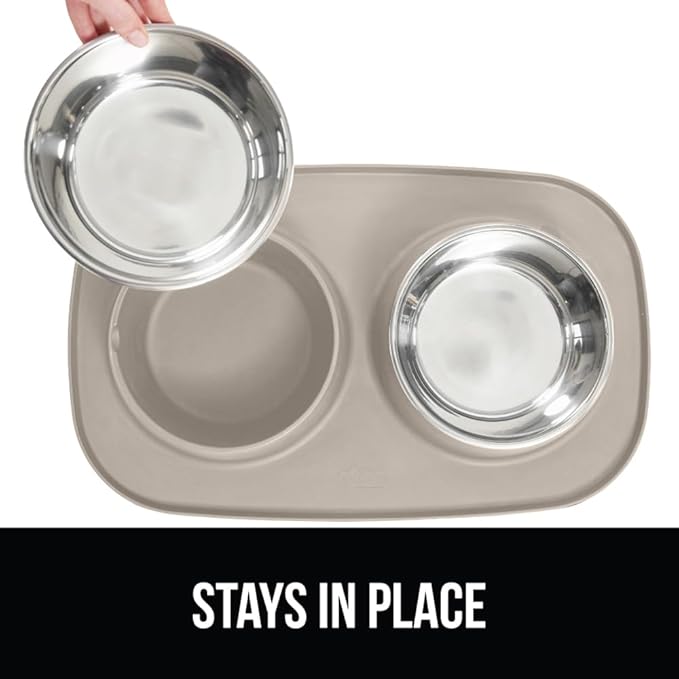 GORILLA GRIP Feeding Mat Bowl Set, 100% Waterproof BPA Free Silicone Base, 304 Stainless Steel Cat and Dog Bowls for Food and Water, Slip Resistant, High Edge, US Designed, Patent Pending, 2 Cup Beige
