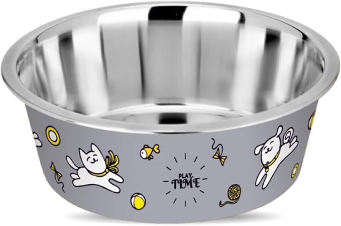 Stainless Steel Dog Bowls | Cat Bowls (Set of 1) - Anti Skid Dog Water Bowl | Cat Water Bowl - Dishwasher Safe - 25oz / 750ml – 15.4 cm (Rhino Gray Playtime Print)