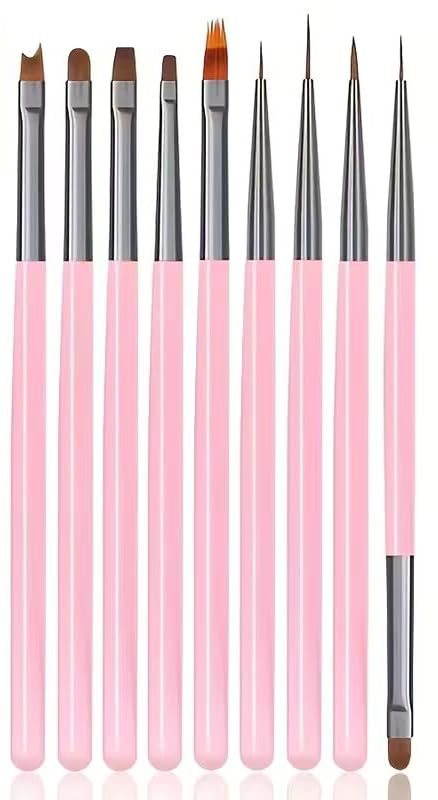 9Pcs Multi-Functional Nail Art Brush Set, Professional Brushes for Gel Polish, French Tip, Ombre, Liner & Clean Up, Manicure Tools for DIY & Salon Nail Design Tools-Pink