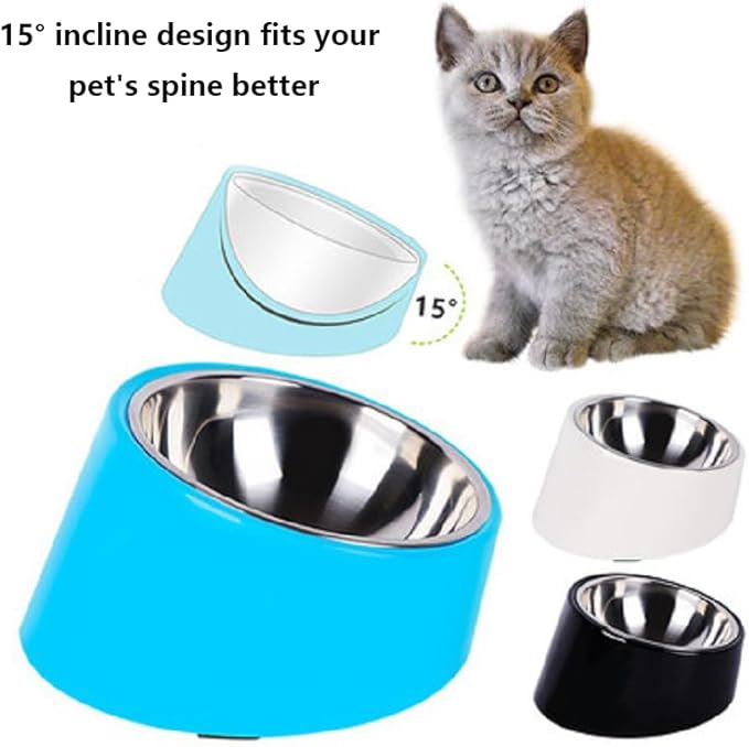 15° Tilted Slow Feeder- Non-Spill & Non-Slip Stainless Steel Dish for Small & Cats - Detachable 160ml Elevated Black (Size S)