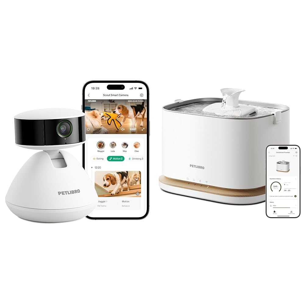 Bundle of PETLIBRO AI Dog Camera Pet Camera Indoor with Phone App 360° View + Upgrade Cat Water Fountain, Cordless Cat Fountain Battery Operated, 3L/101oz Dockstream 2 Pet Water Fountain