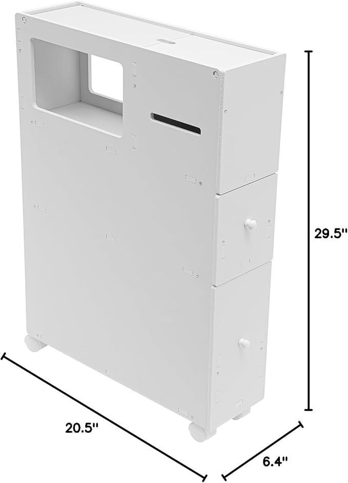 4-Tiers Small Spaces Cabinet for Bathroom, Narrow Toilet Side Organizer with Toilet Paper Slots and 2 Drawers, 4 Movable Wheels, PVC Material, BPA Free