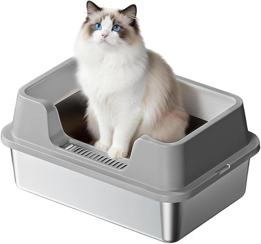 Enclosed Stainless Steel Cat Litter Box with Lid, XL Extra Large Litter Box for Big Cats, Metal Litter Pan High Sided, Never Absorbs Odors, Anti-Urine Leakage, Easy Cleaning, Include Scoop