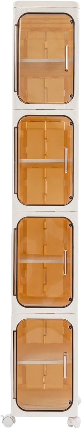 4-Tier Plastic Narrow Storage Cabinet with Movable Wheels & Doors, Tall Slim Bathroom Organizers and Storage Cabinet for Small Space, Bathroom, Kitchen, Laundry (Beige)