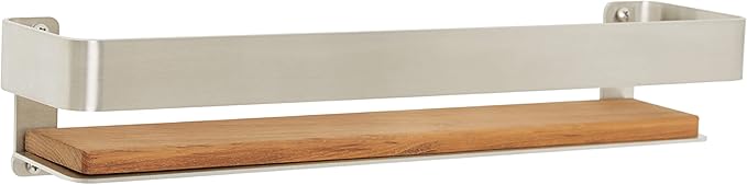 Seachrome Rectangular Shower Shelf with Rail in a Satin Finish and Natural Teak Wood Insert