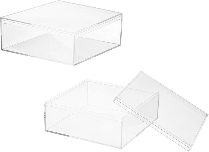 Acrylic Box with Lid, 5.91 x 5.91 x 2.36 in Acrylic Display Case Plastic Square Cube Container Storage Holder Stackable Bins for Cosmetic Collectible Candy Jewelry(2 Pack, Clear)