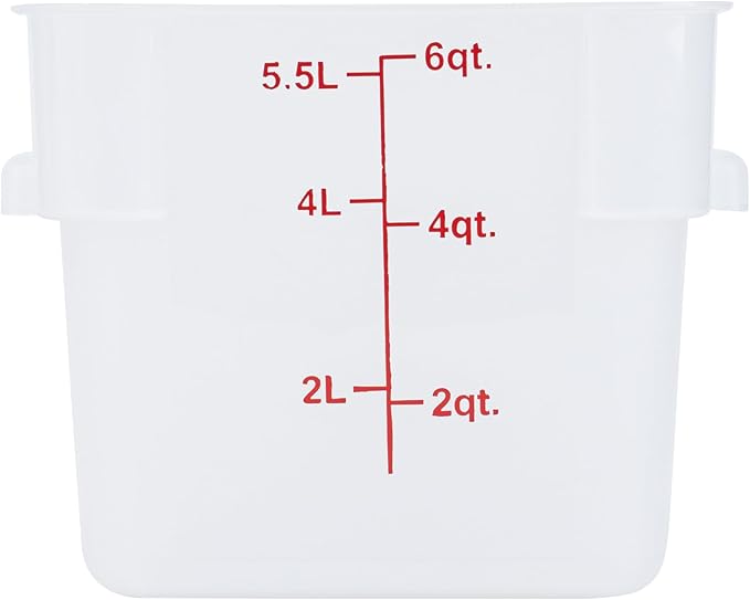 Restaurantware Food Storage Container 1 Pack of 6 qt Plastic Kitchen Storage Bin with Volume Markers Space-Efficient Design Dishwasher-Safe Polypropylene Translucent
