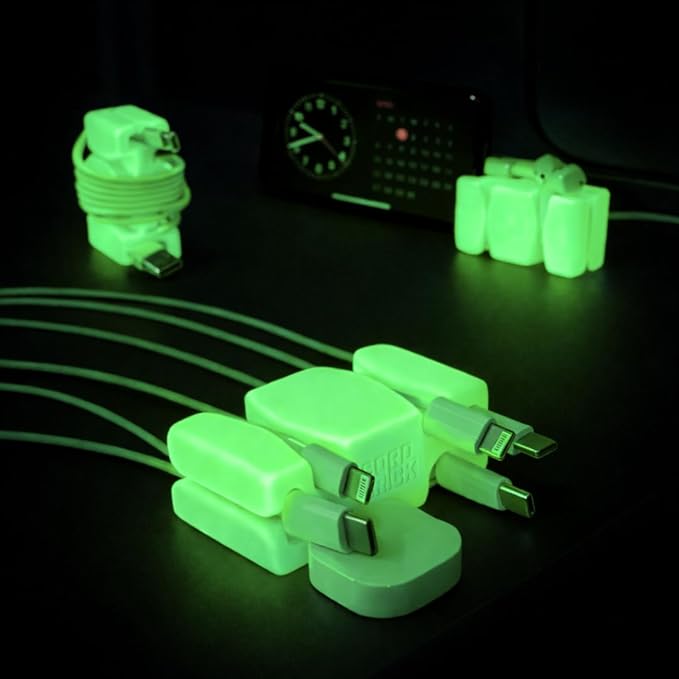 GlowBrick Stocking Stuffers for Adults Cord Management Weighted Cord Holder Cable Wrap Phone Stand - Glow-in-The-Dark Gadget Organizer for Nightstand. Gift for Men, Silicone. Glowing Yellow