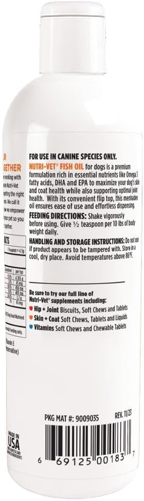 Nutri-Vet Fish Oil Supplement, Dog Fish Oil, Skin and Coat Health, Omega-3 Supplement, Supports Shiny Coat, Healthy Skin, Dog Vitamins, Puppy Essentials, Pet Wellness, Menhaden Formula, 16 oz